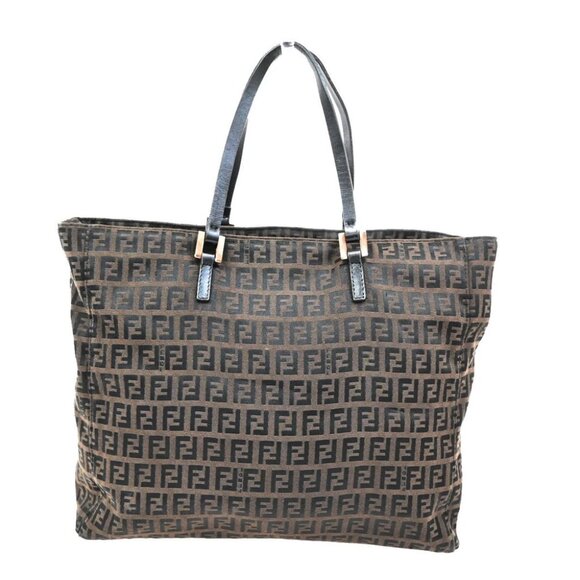 FENDI Logo Zucchino Hand Tote Bag Canvas Leather Brown Italy - Picture 3 of 14